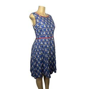 Vintage linen dress sailboats by KEW. Size12 blue sleeveless summer beach resort